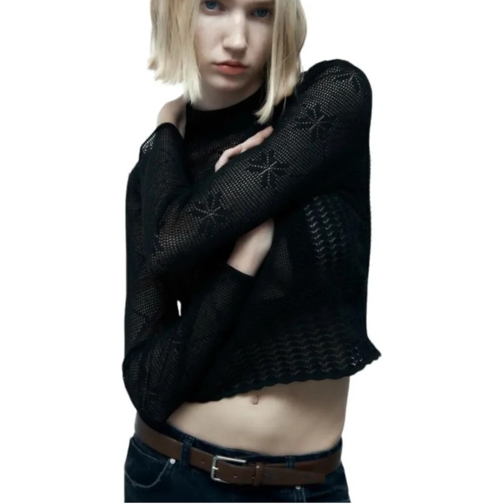 Zara Crochet Lace Long Sleeve Mock Neck Top Whimsigoth